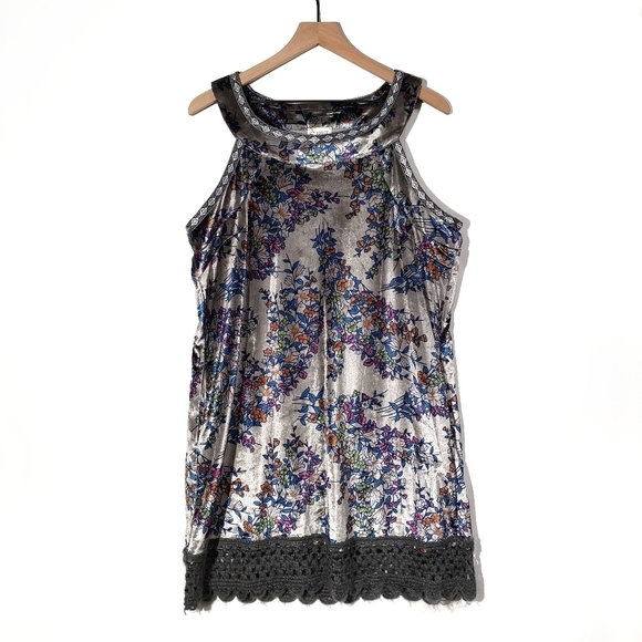 Tracy Porter Velvet Dress Sleeveless‎ 8 Grey Floral Print Crochet Trim - Picture 1 of 9